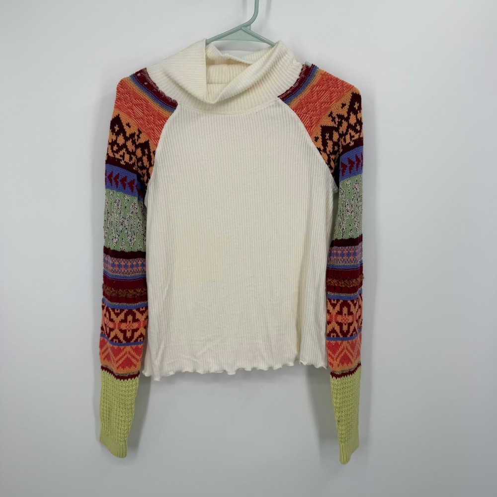 Free People Thermal Top Women XS Ivory Fair Isle Mixed Knit Mock Neck OB1010823